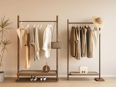 Minimalist Wooden Clothing Racks With Hanging Garments Hats Bags And Shoes 3d model