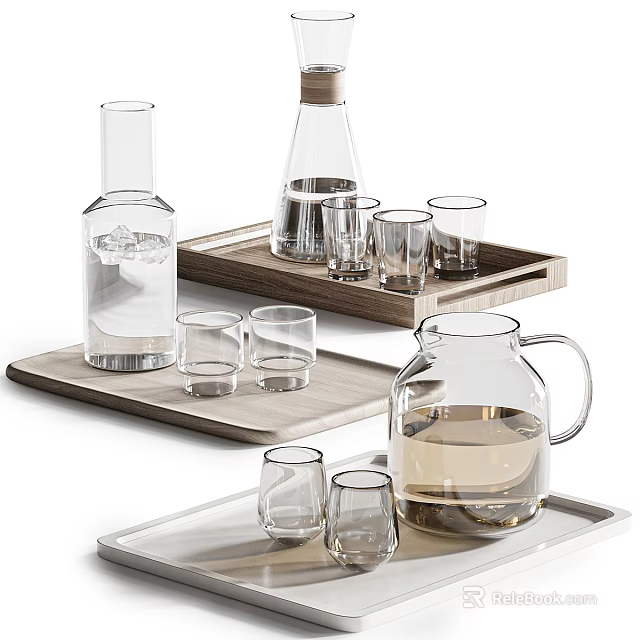 Modern Glass Tableware Set with Carafe Pitcher and Drinking Glasses on Wooden and White Trays 3d model 