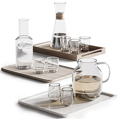 Modern Glass Tableware Set with Carafe Pitcher and Drinking Glasses on Wooden and White Trays 3d model