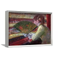 Vintage Figure Painting of Woman Holding Green Fan in Lace Dress Against Striped Background