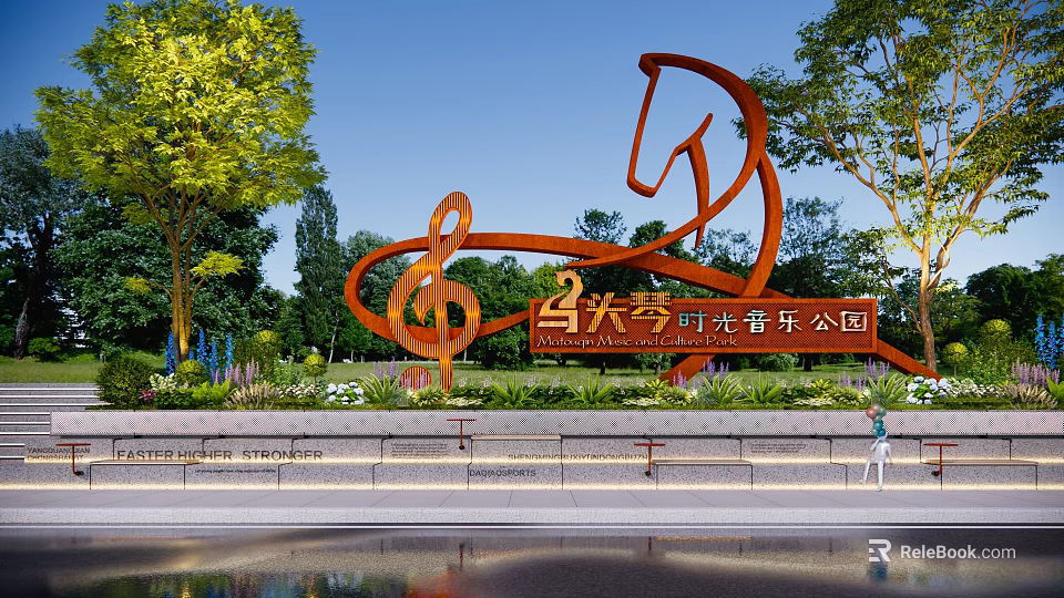 Orange Music Note And Horse Shape Sculpture In Outdoor Park With Trees Water Area 3d model 