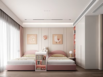 Cozy Kids Room Interior Featuring Twin Beds Pink Headboards Decorative Art Bookshelf Window And Curtains 3d model