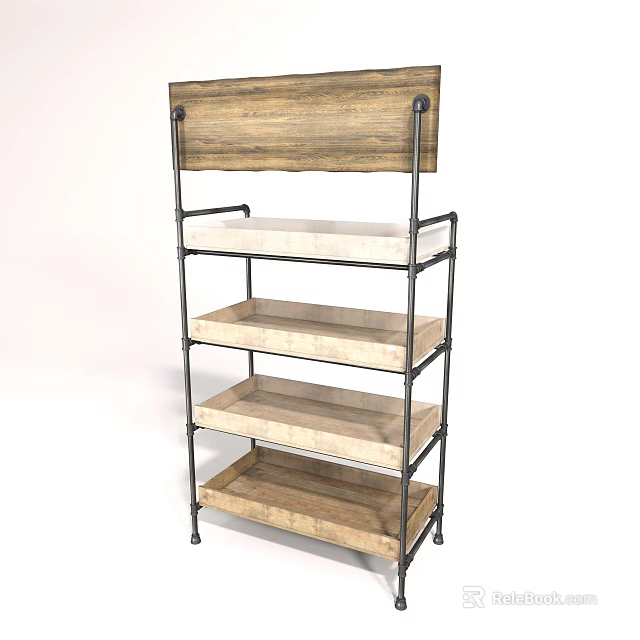 Industrial Style Multi Tiered Display Shelf With Wooden Shelves And Metal Frame For Retail Store 3d model 