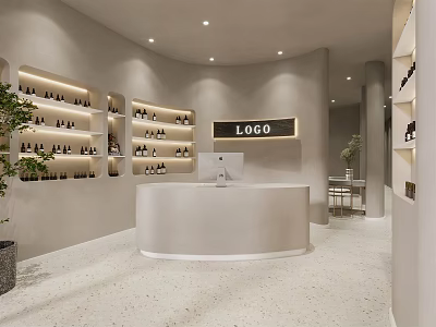 Modern Beauty Hair Salon Interior With Reception Desk Product Shelves Green Plant And Soft Lighting 3d model