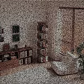 Tall Rotating And Low Drawer Bookcases In Room With Window Blinds Cozy Chair