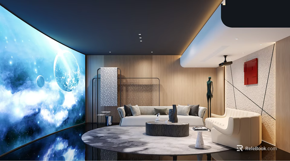 Modern Home Theater Interior Design with Curved Screen and Sofas 3d model