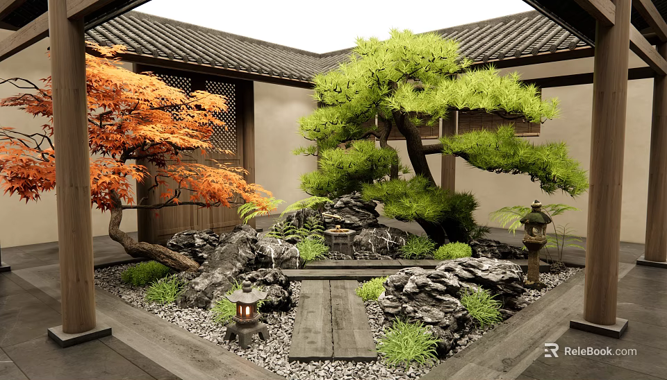 Japanese Courtyard Garden With Orange Maple Green Pine Trees Rocks Stone Lanterns And Wooden Pathway 3d model 