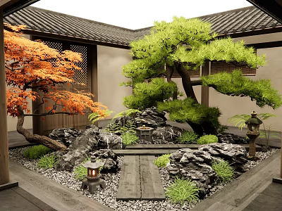 Japanese Courtyard Garden With Orange Maple Green Pine Trees Rocks Stone Lanterns And Wooden Pathway 3d model