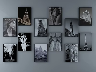 Black and White Architectural Landscape Paintings With Dark Frames On Gray Wall 3d model