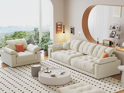 Modern Living Room Interior With Beige Sofa Orange Cushions Round Coffee Table And City View 3d model