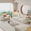 Modern Living Room Interior With Beige Sofa Orange Cushions Round Coffee Table And City View