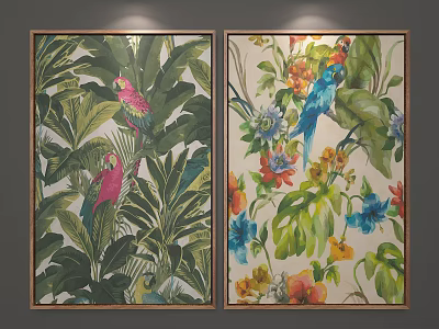 Vibrant Plant Paintings With Green Leaves Pink And Blue Parrots Colorful Flowers For Home Decor 3d model