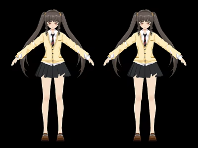 Anime Game Character With Twin Ponytails Yellow Blazer Black Skirt Brown Shoes 3d model
