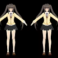 Anime Game Character With Twin Ponytails Yellow Blazer Black Skirt Brown Shoes