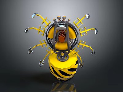 Yellow Mechanical Device With Black Stripes Multi Mechanical Arms And Central Core Structure 3d model