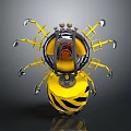 Yellow Mechanical Device With Black Stripes Multi Mechanical Arms And Central Core Structure