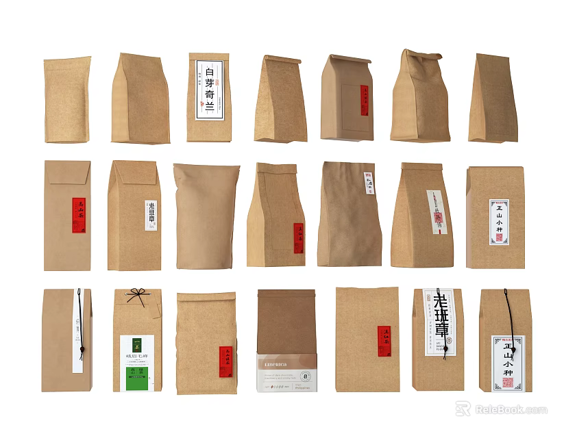 Practical Household Kraft Paper Bags With Assorted Designs And Different Labels 3d model 