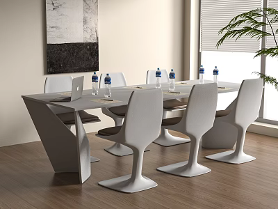 Modern Stylish Conference Table Interior Design With White Chairs Water Bottles And Laptop 3d model