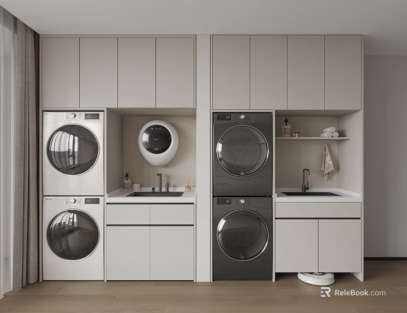 Light Gray Modern Bathroom Cabinet Rack Featuring Washing Machine Dryer And Sink Storage 3d model 