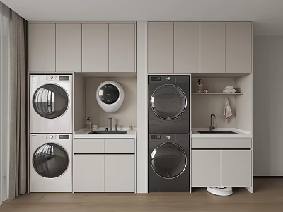 Light Gray Modern Bathroom Cabinet Rack Featuring Washing Machine Dryer And Sink Storage 3d model