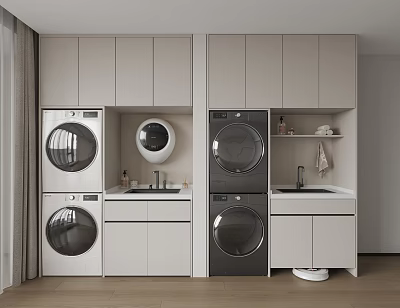 Light Gray Modern Bathroom Cabinet Rack Featuring Washing Machine Dryer And Sink Storage 3d model