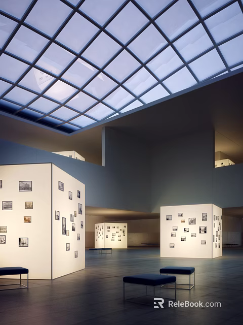 Gallery Interior With Display Cubes Black And White Photos And Glass Skylight 3d model 