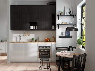 Modern Kitchen Interior With Black Cabinets White Countertops Oven Dining Table And Chairs 3d model