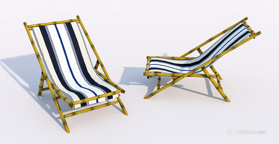Pair of Bamboo Frame Lounge Chairs with Blue and White Striped Fabric 3d model 