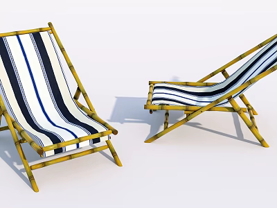 Pair of Bamboo Frame Lounge Chairs with Blue and White Striped Fabric 3d model