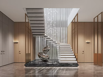 Modern Hall Interior With Staircase Hanging Lights Wooden Walls And Marble Base Metal Sculptures 3d model