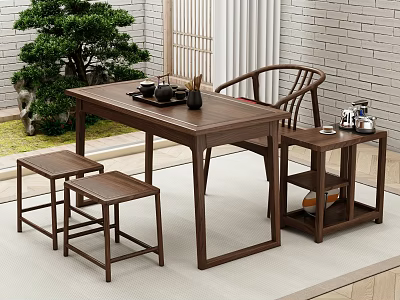 Wooden Tea Table and Chairs Set with Stools Side Table Garden Plants and Brick Wall 3d model