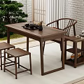 Wooden Tea Table and Chairs Set with Stools Side Table Garden Plants and Brick Wall