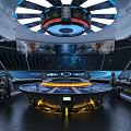 Cartoon Futuristic Interior Scene With Glowing Console Tech Equipment And Neon Lights