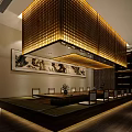 Chinese Style Private Dining Room With Wooden Lattice Pendant Light Long Dining Table And Chairs