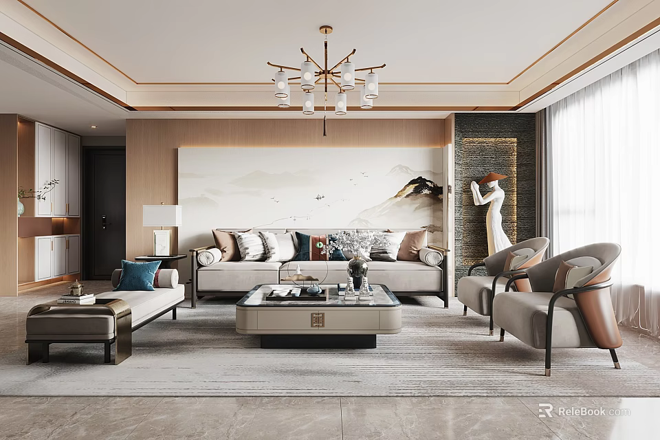 Elegant Modern Living Room Interior With Sofa Coffee Table Chandelier And Decorative Painting 3d model 