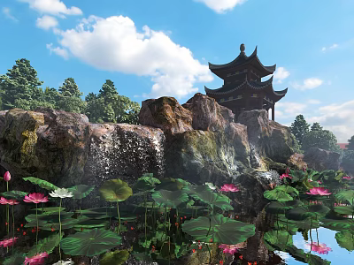 Chinese Garden Landscape Featuring Traditional Pavilion Rock Waterfall Lotus Pond And Green Trees 3d model