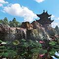 Chinese Garden Landscape Featuring Traditional Pavilion Rock Waterfall Lotus Pond And Green Trees