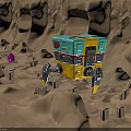 Yellow And Blue Robot With Mechanical Legs On Sandy Rocky Terrain Near Purple Object