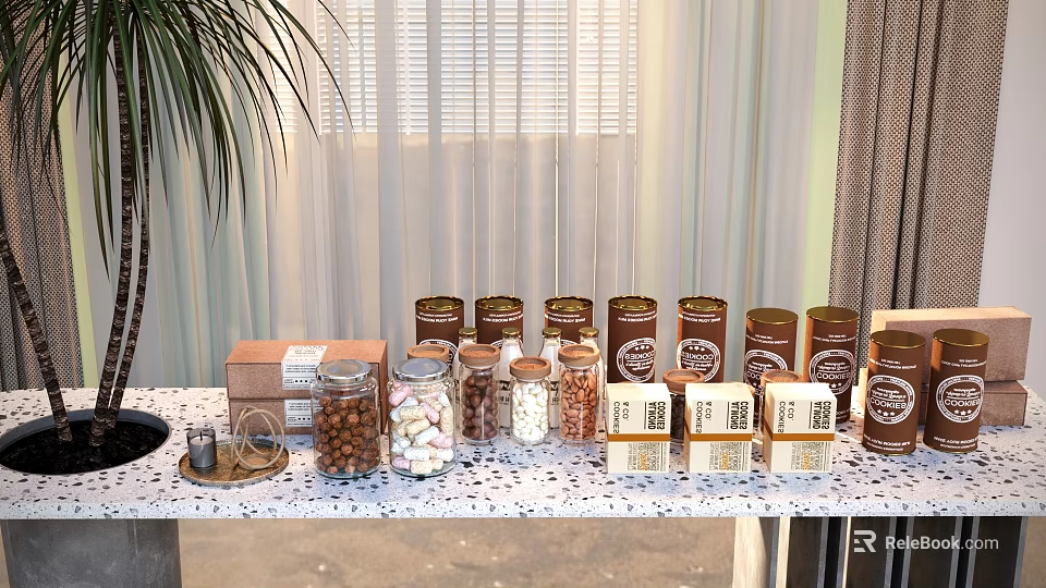 Assorted Food Jars With Nuts And Marshmallows On Table Curtain Background And Potted Plant 3d model 