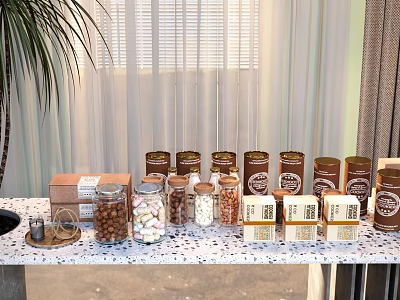 Assorted Food Jars With Nuts And Marshmallows On Table Curtain Background And Potted Plant 3d model