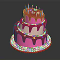 Two Tiered Birthday Cake With Pink Frosting Drizzle White Bead Border Colorful Sprinkles And Candles