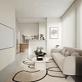 Modern Apartment Living Room With Beige Sofa Accent Chair Coffee Tables And Area Rug