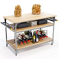 Wooden Top Rolling Cart With Wine Bottle Storage Food Containers And Wheels
