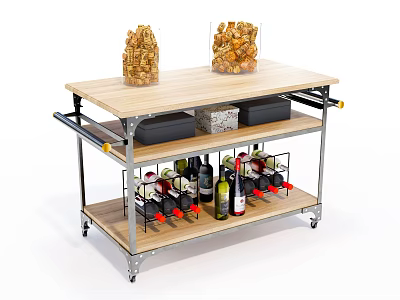 Wooden Top Rolling Cart With Wine Bottle Storage Food Containers And Wheels 3d model
