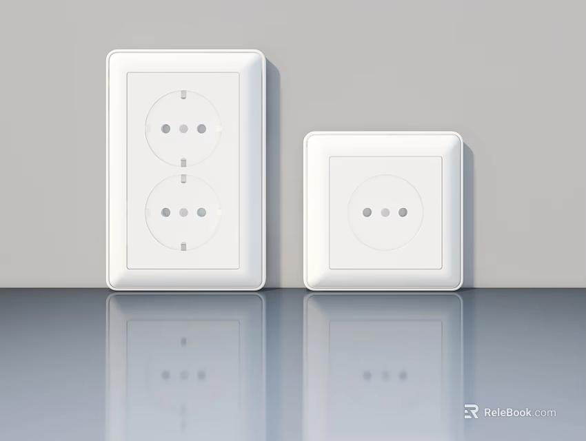 White Electrical Sockets Featuring Double And Single Outlets On Gray Wall With Glossy Floor 3d model 