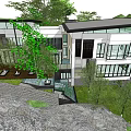 Modern Detached Villa Exterior Design With Large Glass Windows Stone Steps Trees And Greenery