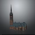 Traditional Red Brick Church Building With Black Topped Tall Spire Blue Roof And Dome