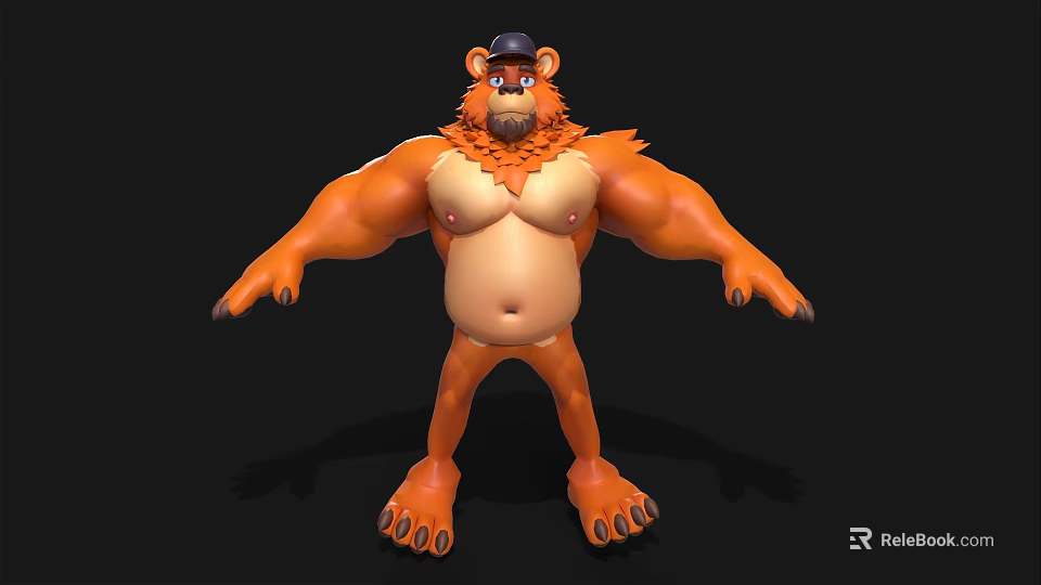 3D Cartoon Muscular Orange Bear Character With Black Cap Standing Pose Design 3d model 