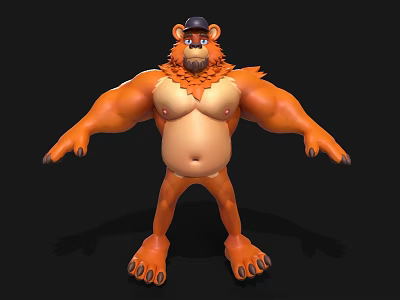 3D Cartoon Muscular Orange Bear Character With Black Cap Standing Pose Design 3d model