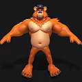 3D Cartoon Muscular Orange Bear Character With Black Cap Standing Pose Design